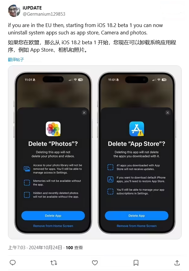 当雄苹果手机维修分享iOS 18.2 支持删除 App Store 应用商店 