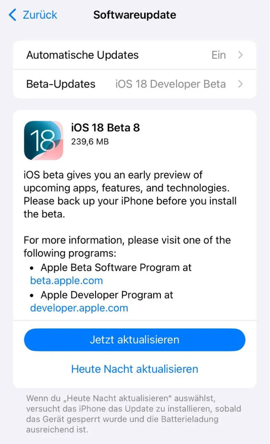 当雄苹果手机维修分享苹果 iOS / iPadOS 18 开发者预览版 Beta 8 发布 